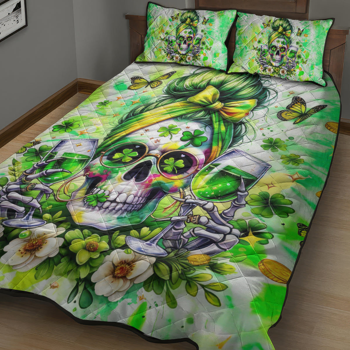Irish Skull Quilt Bed Set Drink Up Bitch - Wonder Print Shop