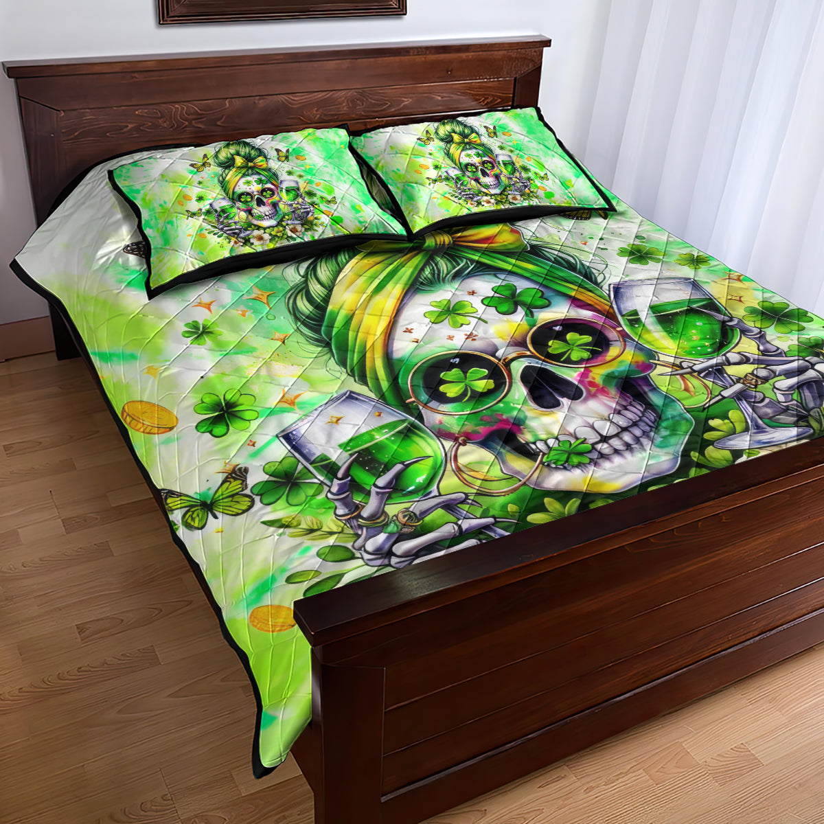 Irish Skull Quilt Bed Set Drink Up Bitch - Wonder Print Shop