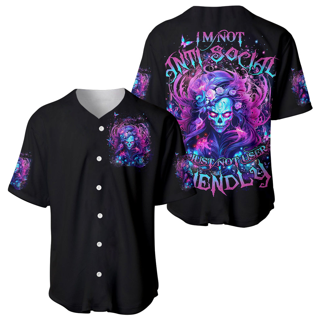 Lady Skull Baseball Jersey I'm Not Anti Social I'm Just Not User Friendly - Wonder Print Shop