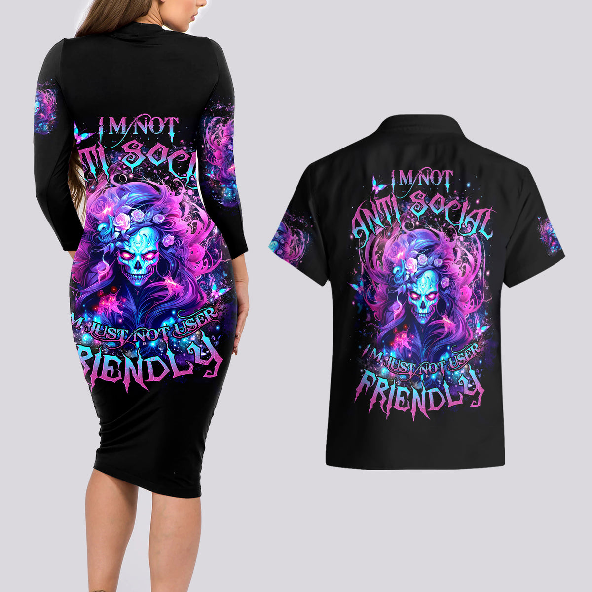 Lady Skull Couples Matching Long Sleeve Bodycon Dress and Hawaiian Shirt I'm Not Anti Social I'm Just Not User Friendly - Wonder Print Shop