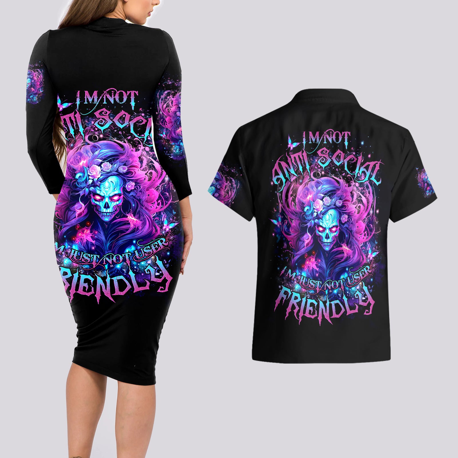 Lady Skull Couples Matching Long Sleeve Bodycon Dress and Hawaiian Shirt I'm Not Anti Social I'm Just Not User Friendly - Wonder Print Shop