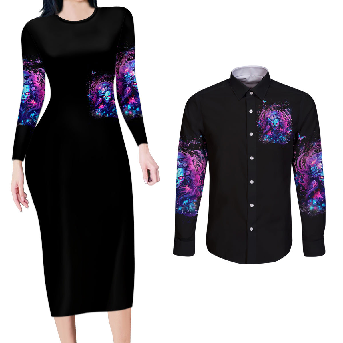 Lady Skull Couples Matching Long Sleeve Bodycon Dress and Long Sleeve Button Shirt I'm Not Anti Social I'm Just Not User Friendly - Wonder Print Shop