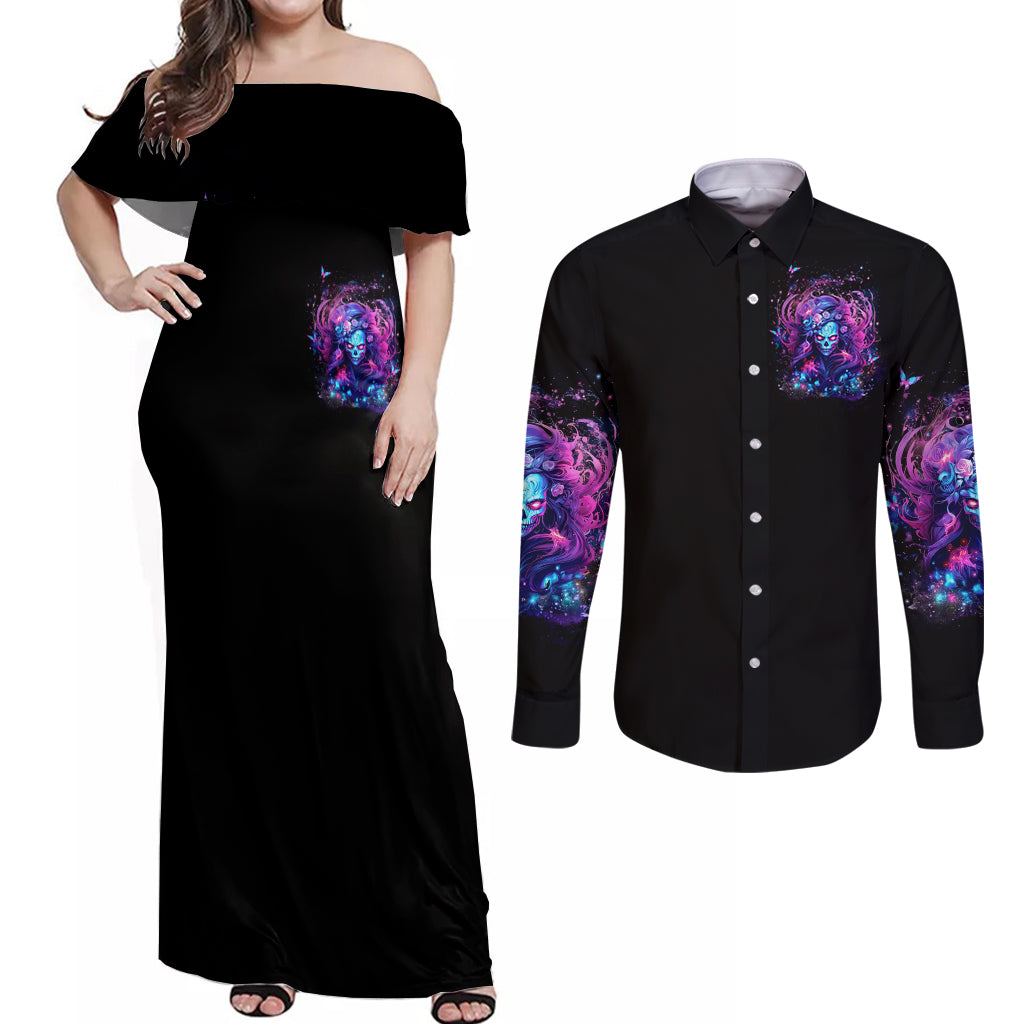 Lady Skull Couples Matching Off Shoulder Maxi Dress and Long Sleeve Button Shirt I'm Not Anti Social I'm Just Not User Friendly - Wonder Print Shop