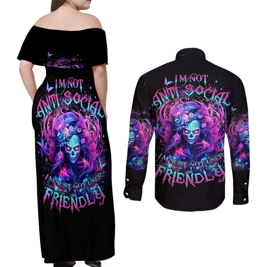 Lady Skull Couples Matching Off Shoulder Maxi Dress and Long Sleeve Button Shirt I'm Not Anti Social I'm Just Not User Friendly - Wonder Print Shop