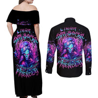 Lady Skull Couples Matching Off Shoulder Maxi Dress and Long Sleeve Button Shirt I'm Not Anti Social I'm Just Not User Friendly - Wonder Print Shop