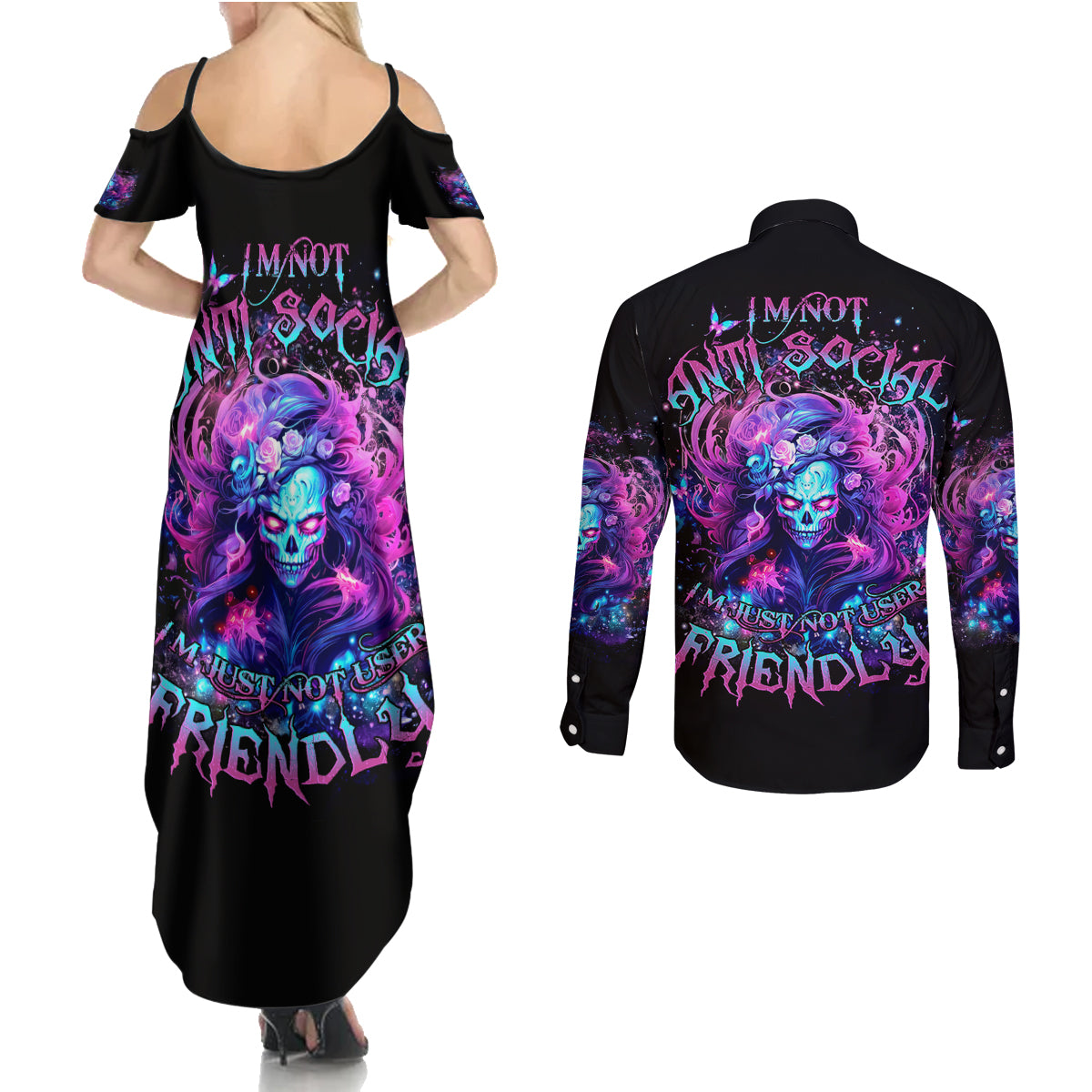 Lady Skull Couples Matching Summer Maxi Dress and Long Sleeve Button Shirt I'm Not Anti Social I'm Just Not User Friendly - Wonder Print Shop
