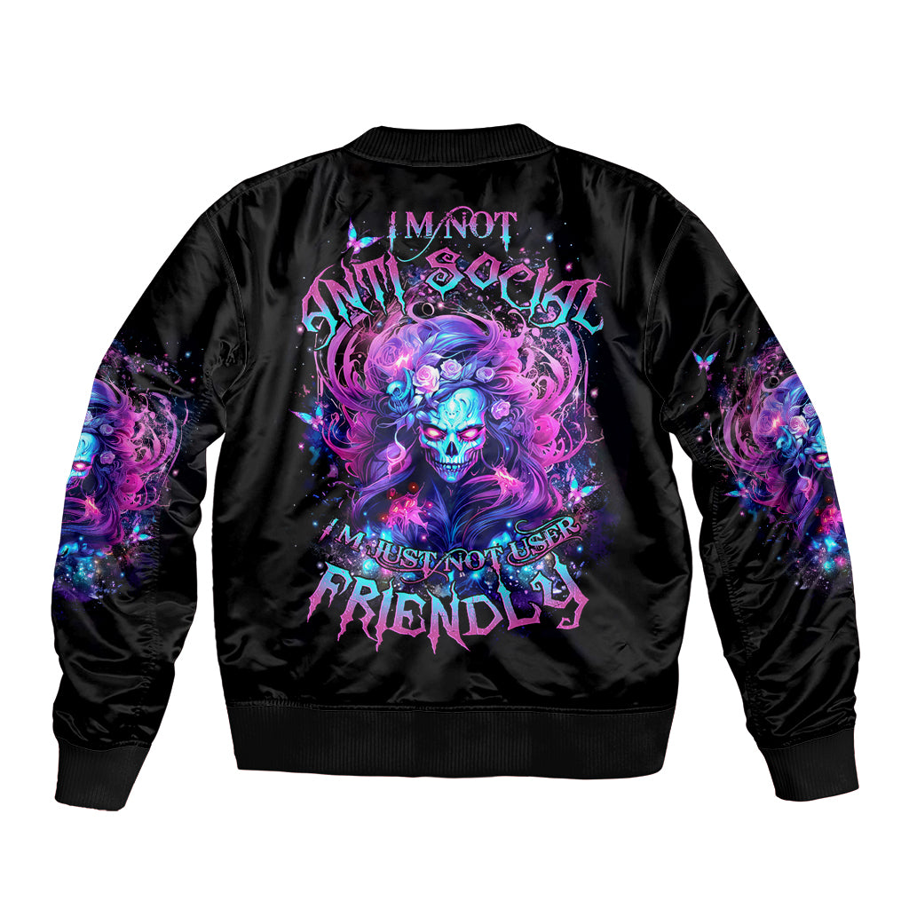 Lady Skull Sleeve Zip Bomber Jacket I'm Not Anti Social I'm Just Not User Friendly - Wonder Print Shop