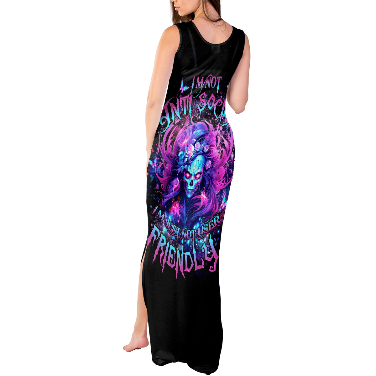 Lady Skull Tank Maxi Dress I'm Not Anti Social I'm Just Not User Friendly - Wonder Print Shop