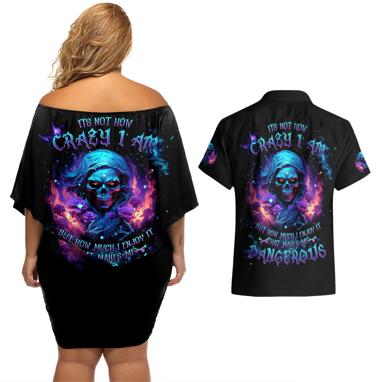 Flame Skull Couples Matching Off Shoulder Short Dress and Hawaiian Shirt Its Not How Crazy I Am But How Much I enjoy It That Makes Me Dangeous - Wonder Print Shop