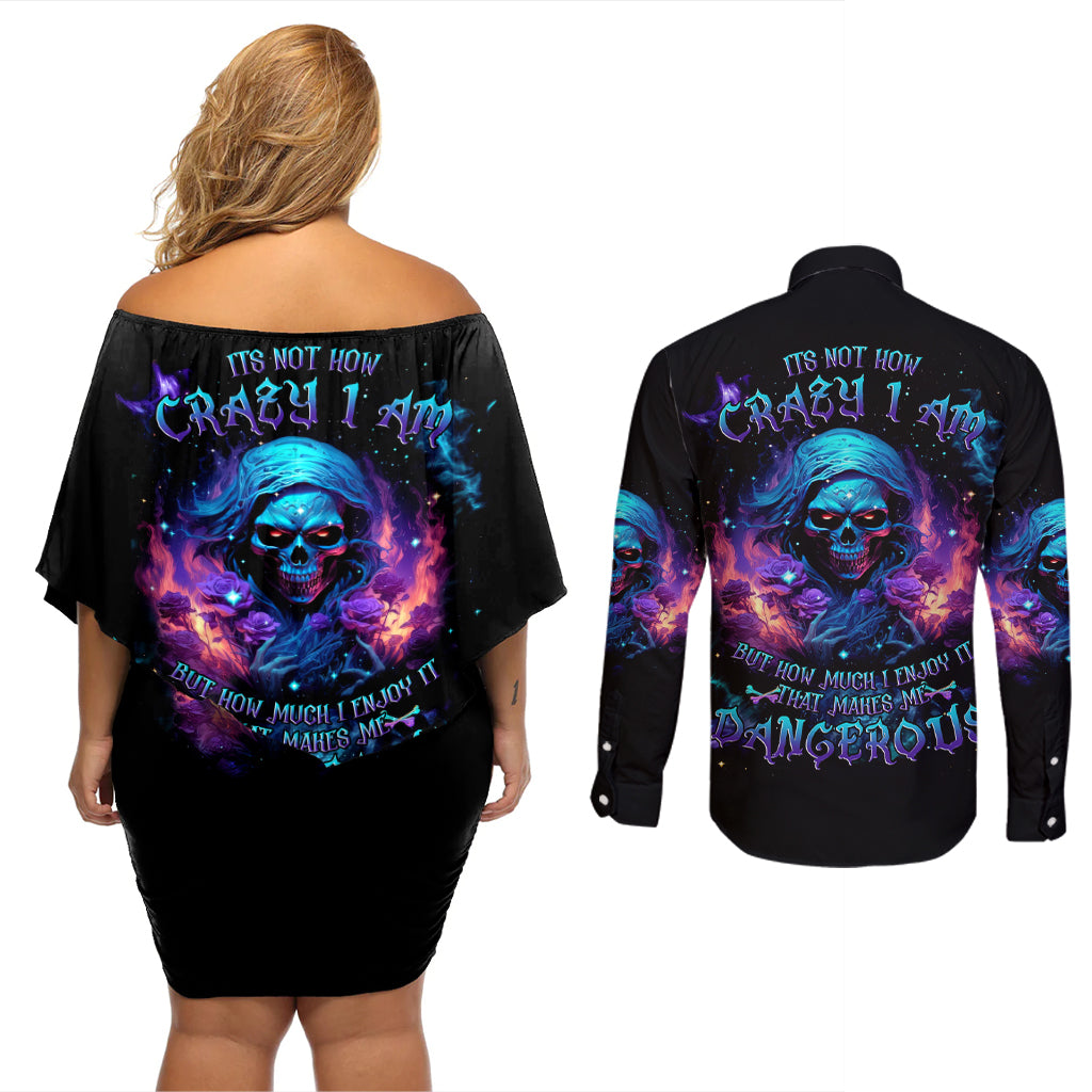 Flame Skull Couples Matching Off Shoulder Short Dress and Long Sleeve Button Shirt Its Not How Crazy I Am But How Much I enjoy It That Makes Me Dangeous - Wonder Print Shop