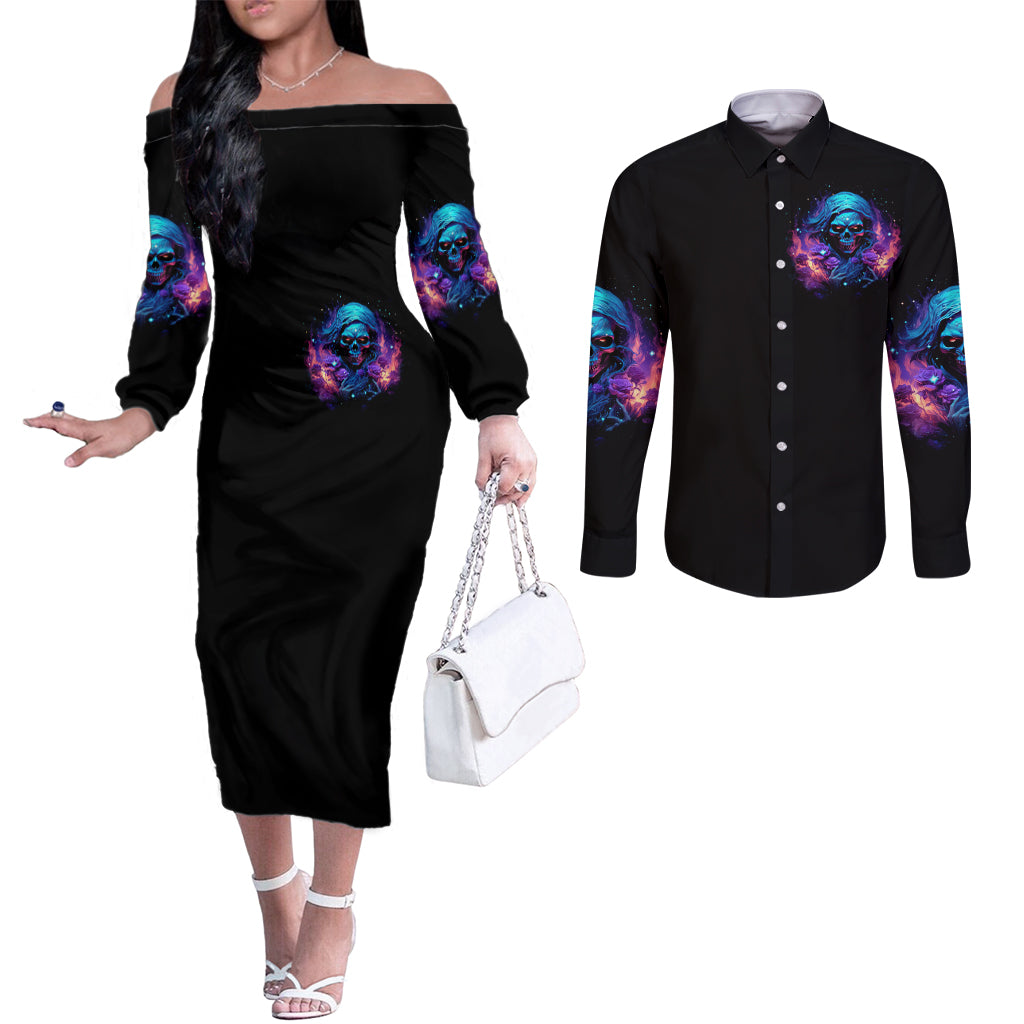 Flame Skull Couples Matching Off The Shoulder Long Sleeve Dress and Long Sleeve Button Shirt Its Not How Crazy I Am But How Much I enjoy It That Makes Me Dangeous