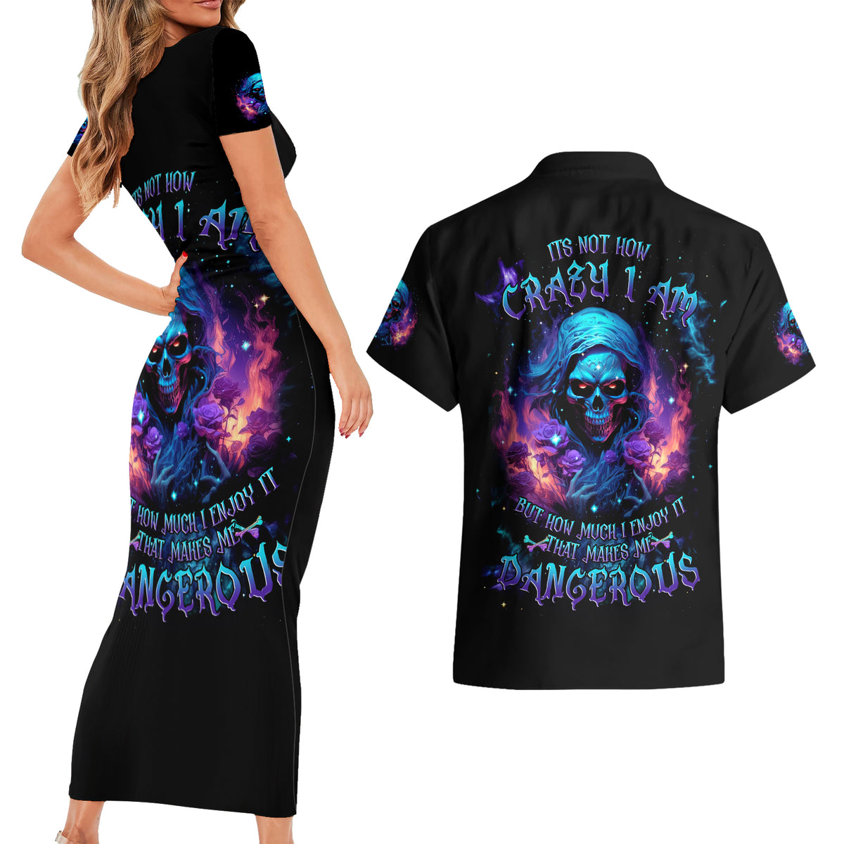 Flame Skull Couples Matching Short Sleeve Bodycon Dress and Hawaiian Shirt Its Not How Crazy I Am But How Much I enjoy It That Makes Me Dangeous - Wonder Print Shop