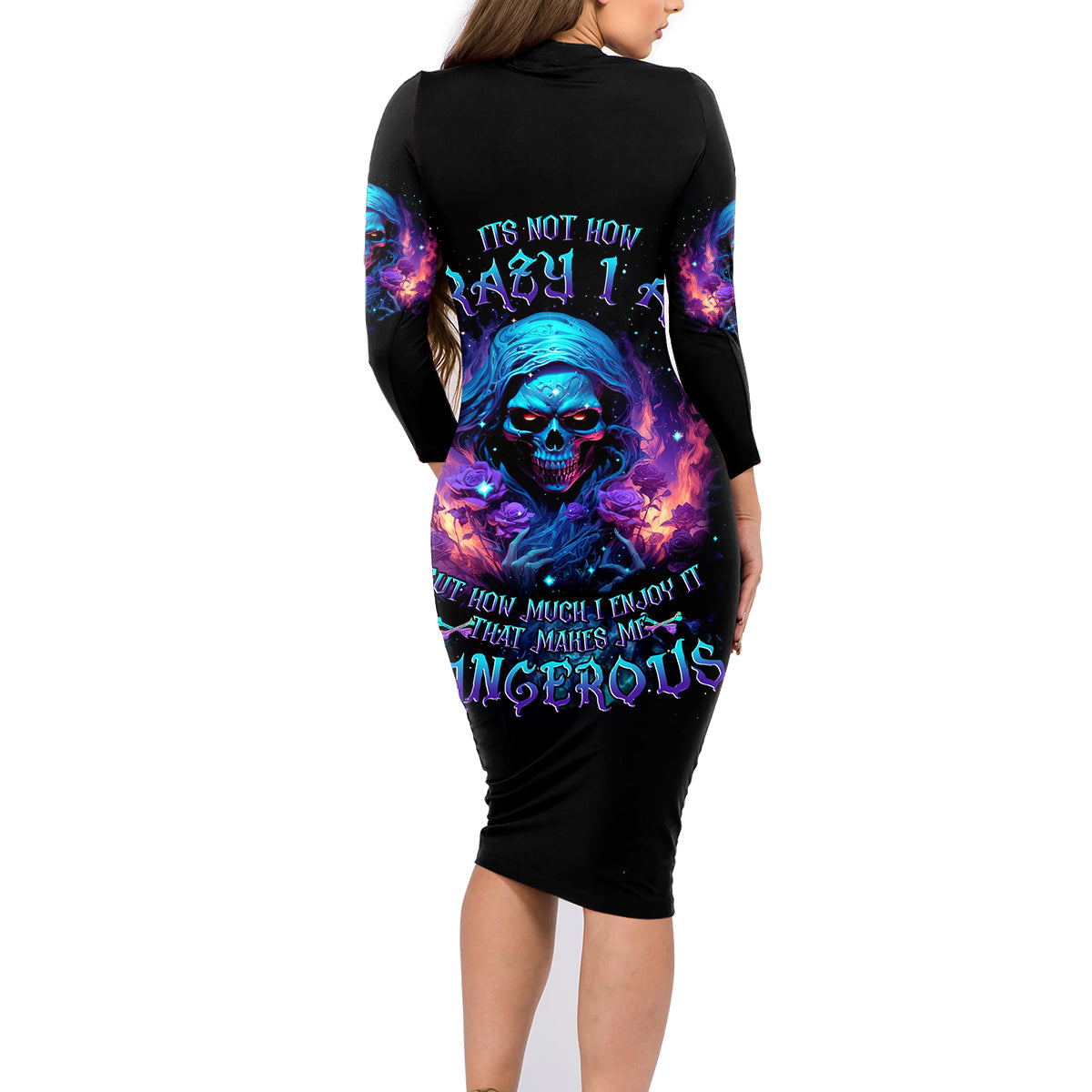 Flame Skull Family Matching Long Sleeve Bodycon Dress and Hawaiian Shirt Its Not How Crazy I Am But How Much I enjoy It That Makes Me Dangeous - Wonder Print Shop