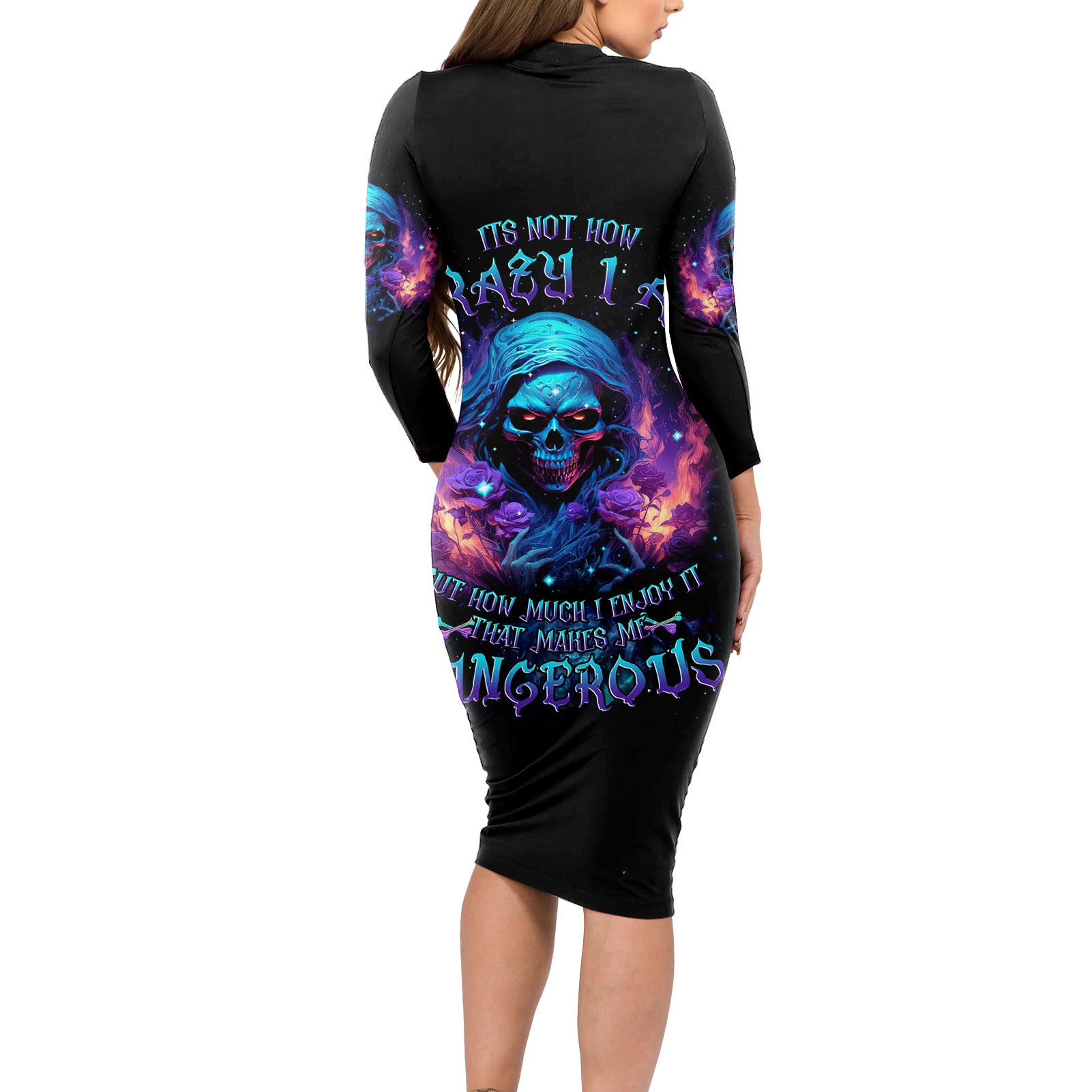 Flame Skull Long Sleeve Bodycon Dress Its Not How Crazy I Am But How Much I enjoy It That Makes Me Dangeous - Wonder Print Shop