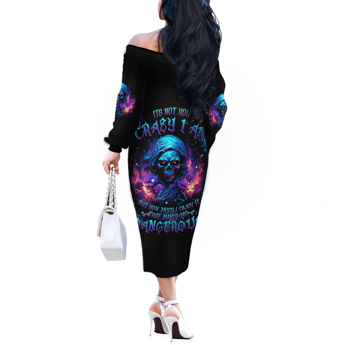 Flame Skull Off The Shoulder Long Sleeve Dress Its Not How Crazy I Am But How Much I enjoy It That Makes Me Dangeous - Wonder Print Shop