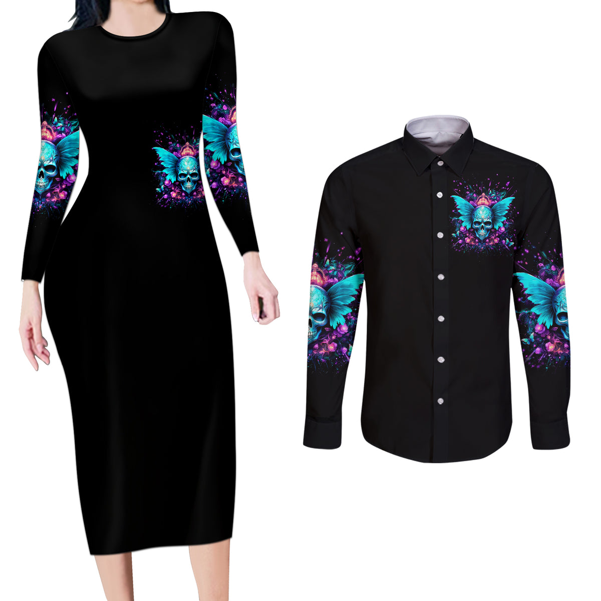 Fairy Skull Couples Matching Long Sleeve Bodycon Dress and Long Sleeve Button Shirt In My Next Life I Want To Be The Karme Fairy - Wonder Print Shop