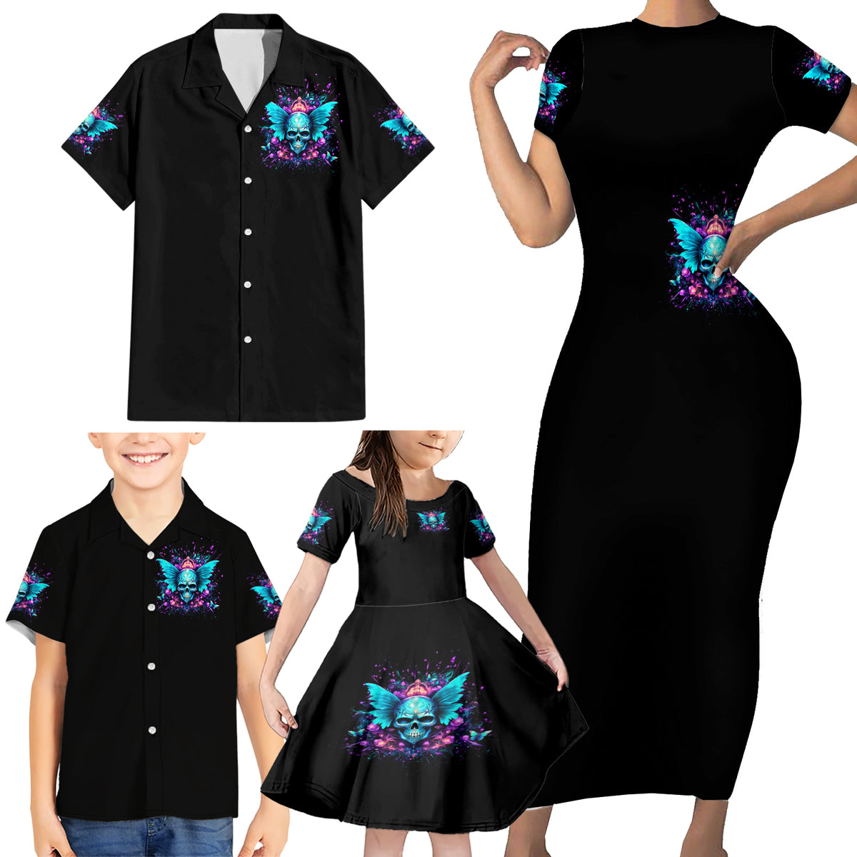 Fairy Skull Family Matching Short Sleeve Bodycon Dress and Hawaiian Shirt In My Next Life I Want To Be The Karme Fairy - Wonder Print Shop
