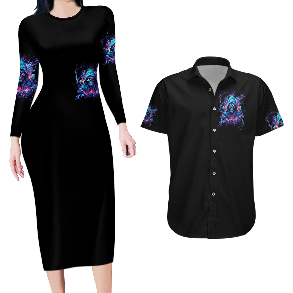 Reaper Skull Couples Matching Long Sleeve Bodycon Dress and Hawaiian Shirt When I Was Born The Devil Said Oh Shit Competition - Wonder Print Shop