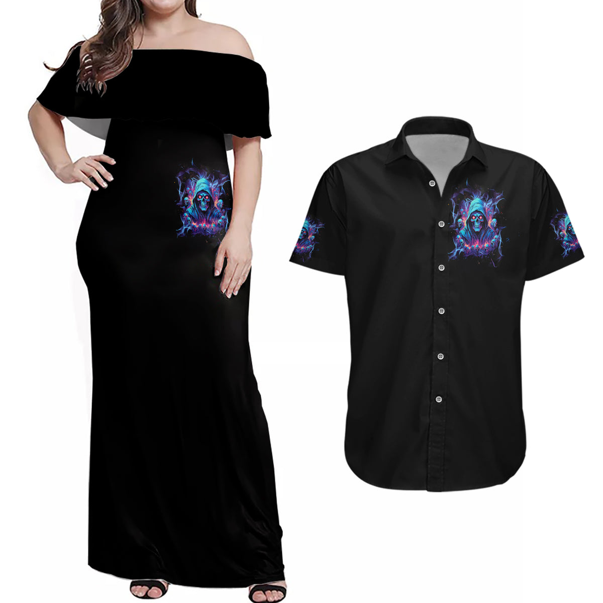 Reaper Skull Couples Matching Off Shoulder Maxi Dress and Hawaiian Shirt When I Was Born The Devil Said Oh Shit Competition - Wonder Print Shop