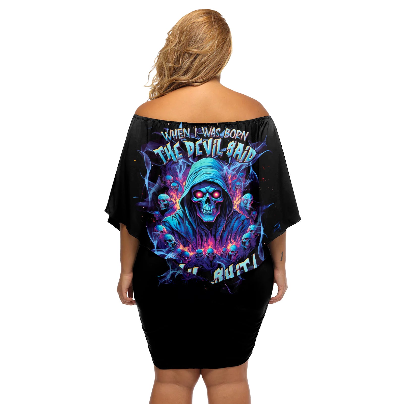 Reaper Skull Off Shoulder Short Dress When I Was Born The Devil Said Oh Shit Competition - Wonder Print Shop