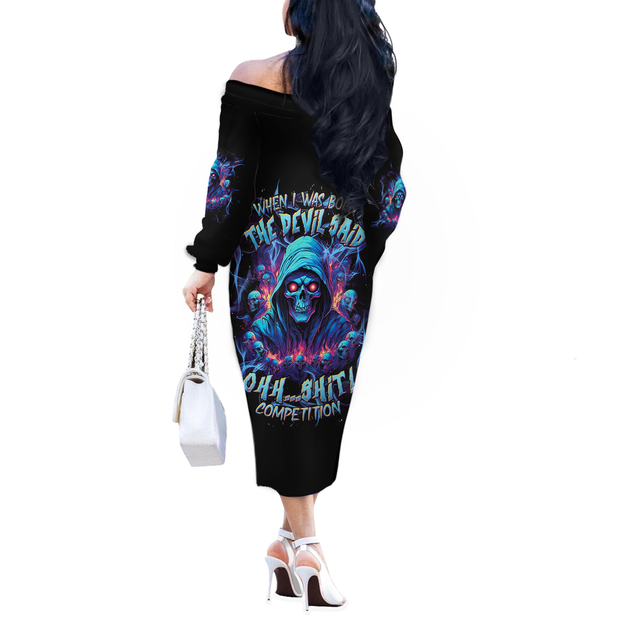 Reaper Skull Off The Shoulder Long Sleeve Dress When I Was Born The Devil Said Oh Shit Competition - Wonder Print Shop