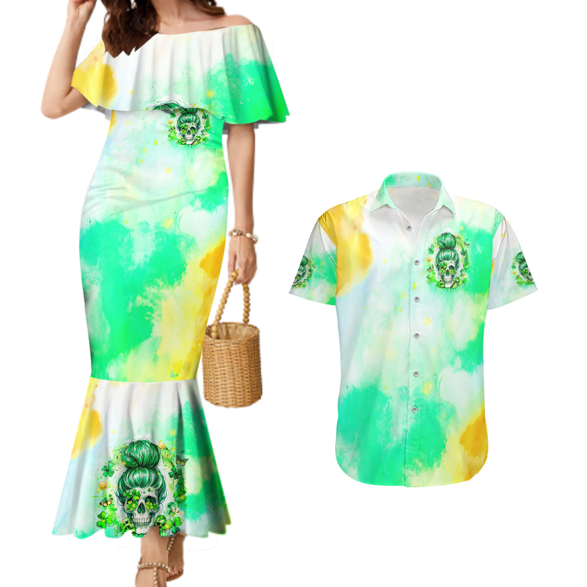 Irish Skull Couples Matching Mermaid Dress and Hawaiian Shirt Oho Lucky Mama - Wonder Print Shop