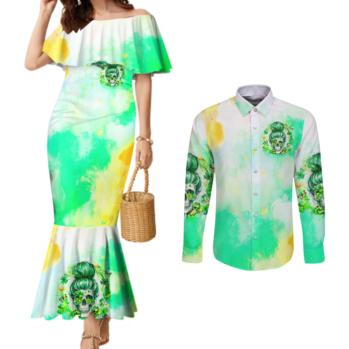 Irish Skull Couples Matching Mermaid Dress and Long Sleeve Button Shirt Oho Lucky Mama
