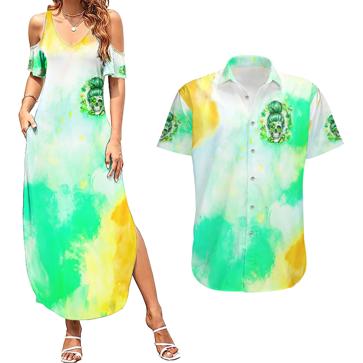 Irish Skull Couples Matching Summer Maxi Dress and Hawaiian Shirt Oho Lucky Mama - Wonder Print Shop