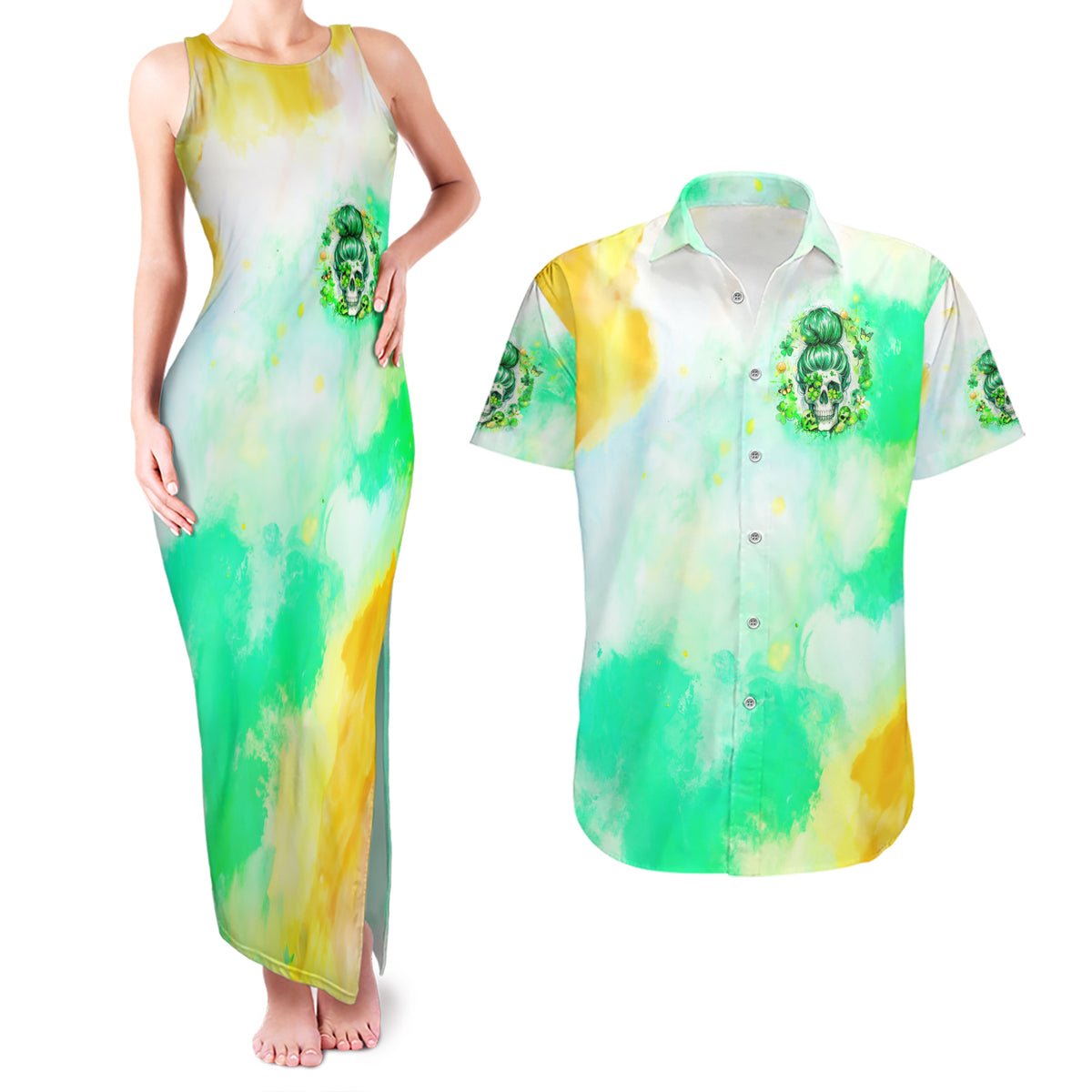Irish Skull Couples Matching Tank Maxi Dress and Hawaiian Shirt Oho Lucky Mama - Wonder Print Shop