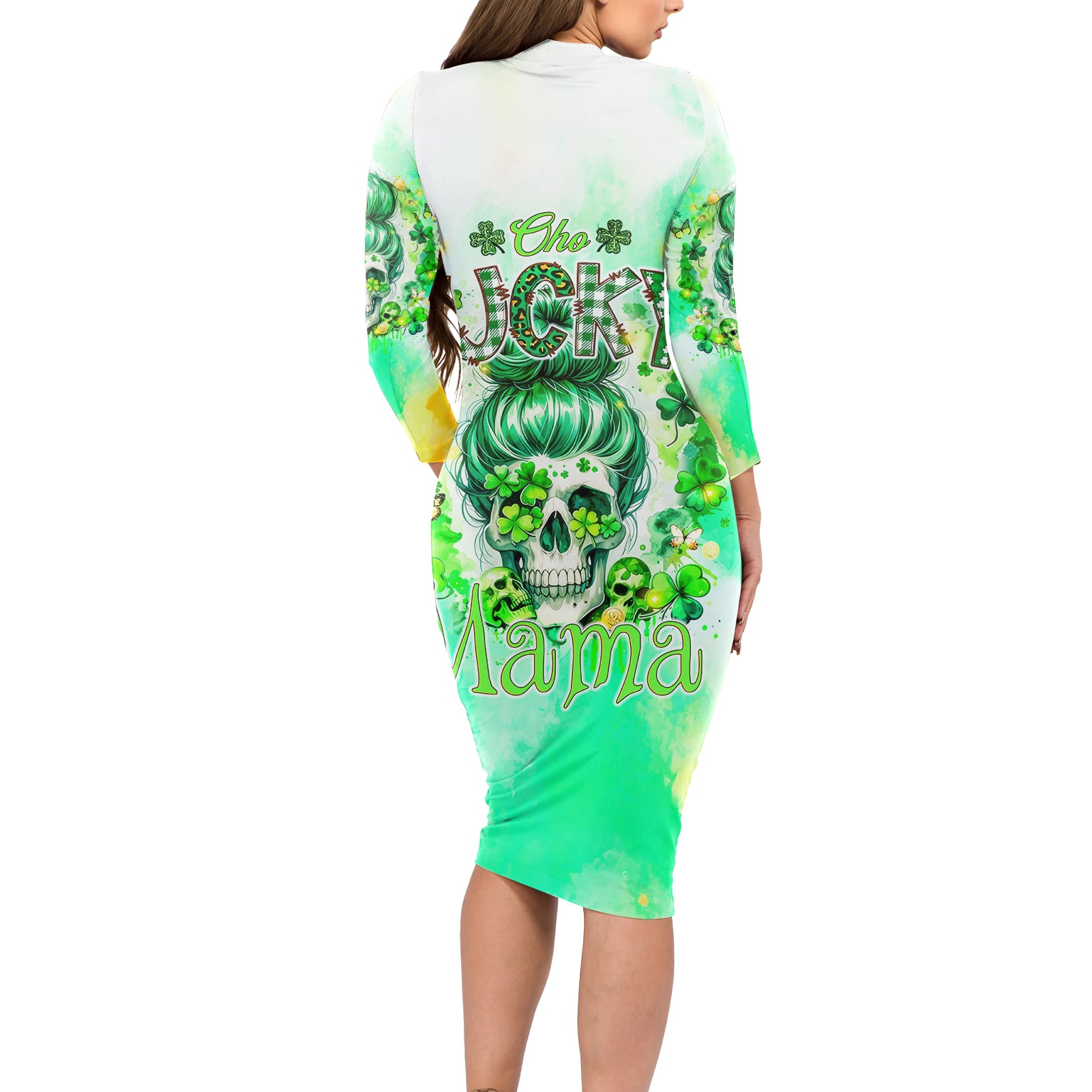 Irish Skull Long Sleeve Bodycon Dress Oho Lucky Mama - Wonder Print Shop