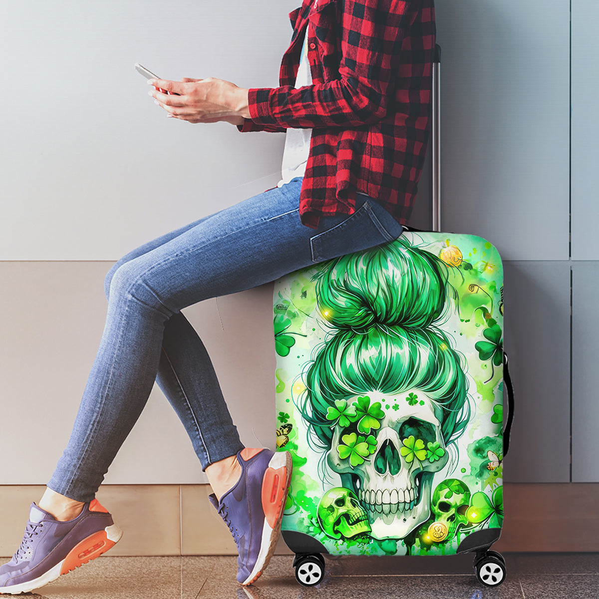 Irish Skull Luggage Cover Oho Lucky Mama - Wonder Print Shop