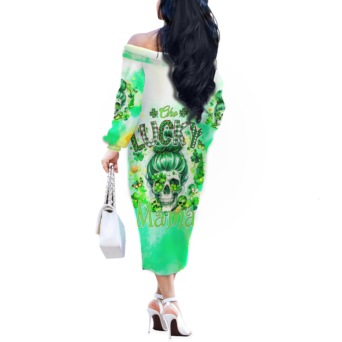 Irish Skull Off The Shoulder Long Sleeve Dress Oho Lucky Mama - Wonder Print Shop