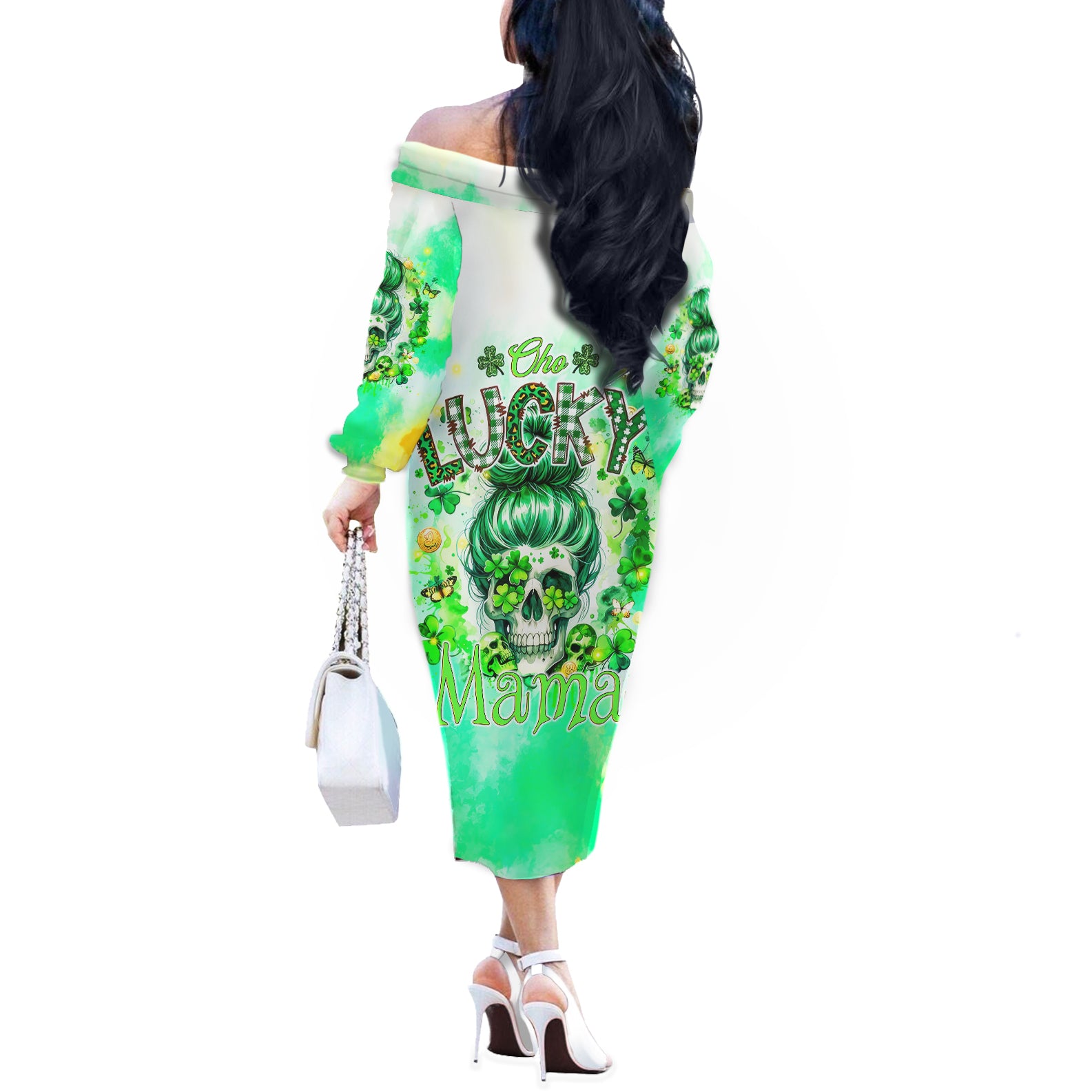 Irish Skull Off The Shoulder Long Sleeve Dress Oho Lucky Mama - Wonder Print Shop