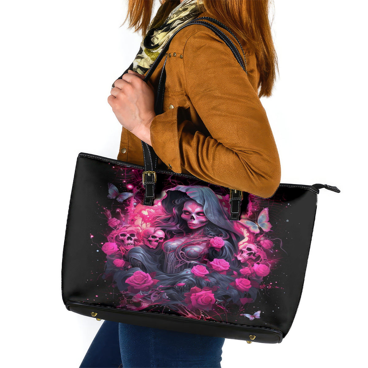 Witch Skull Leather Tote Bag They Whispered To Her You Cannot Withstand The Storm - Wonder Print Shop
