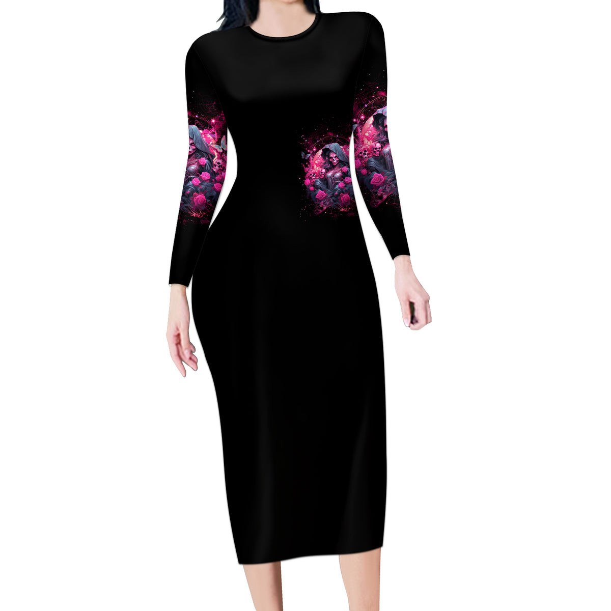 Witch Skull Long Sleeve Bodycon Dress They Whispered To Her You Cannot Withstand The Storm - Wonder Print Shop
