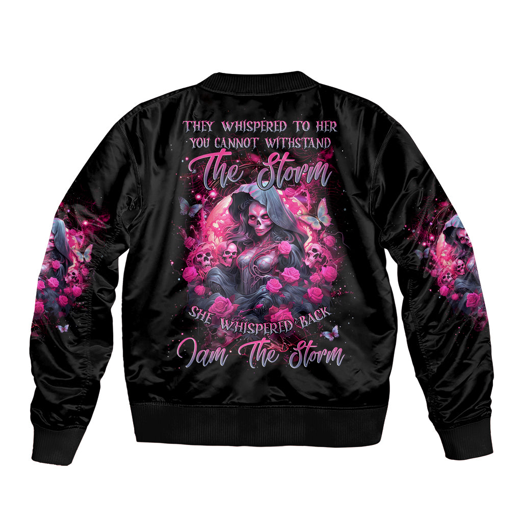 Witch Skull Sleeve Zip Bomber Jacket They Whispered To Her You Cannot Withstand The Storm - Wonder Print Shop