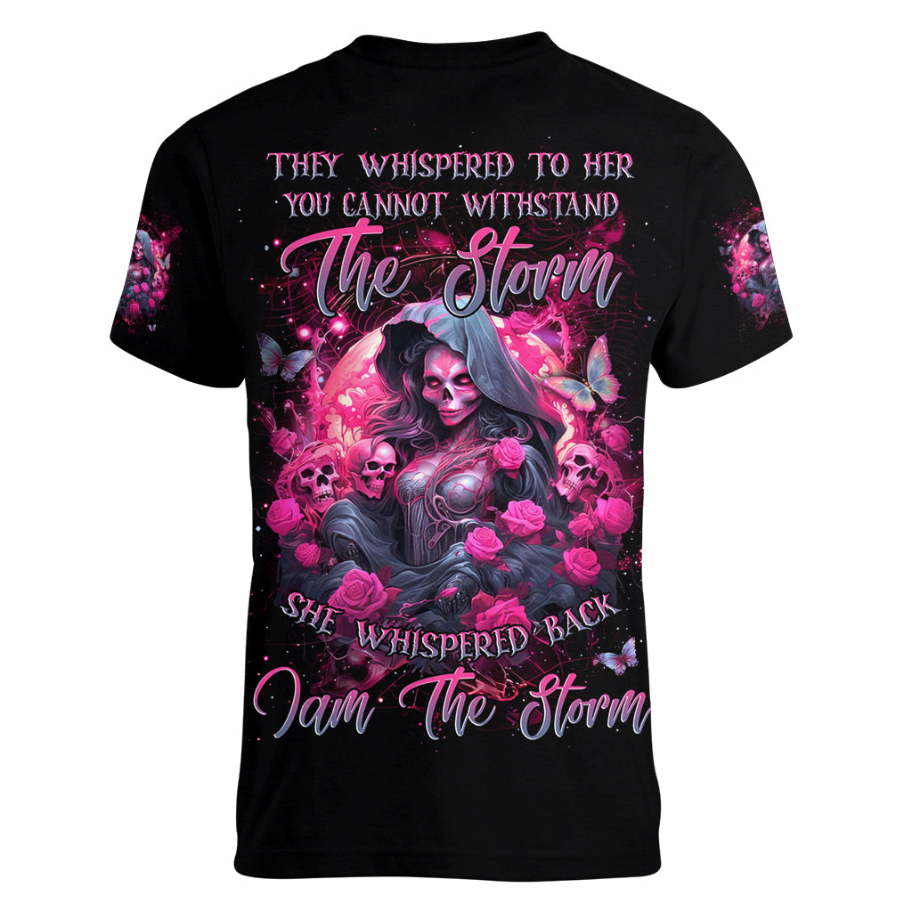 Witch Skull Women V Neck T Shirt They Whispered To Her You Cannot Withstand The Storm - Wonder Print Shop