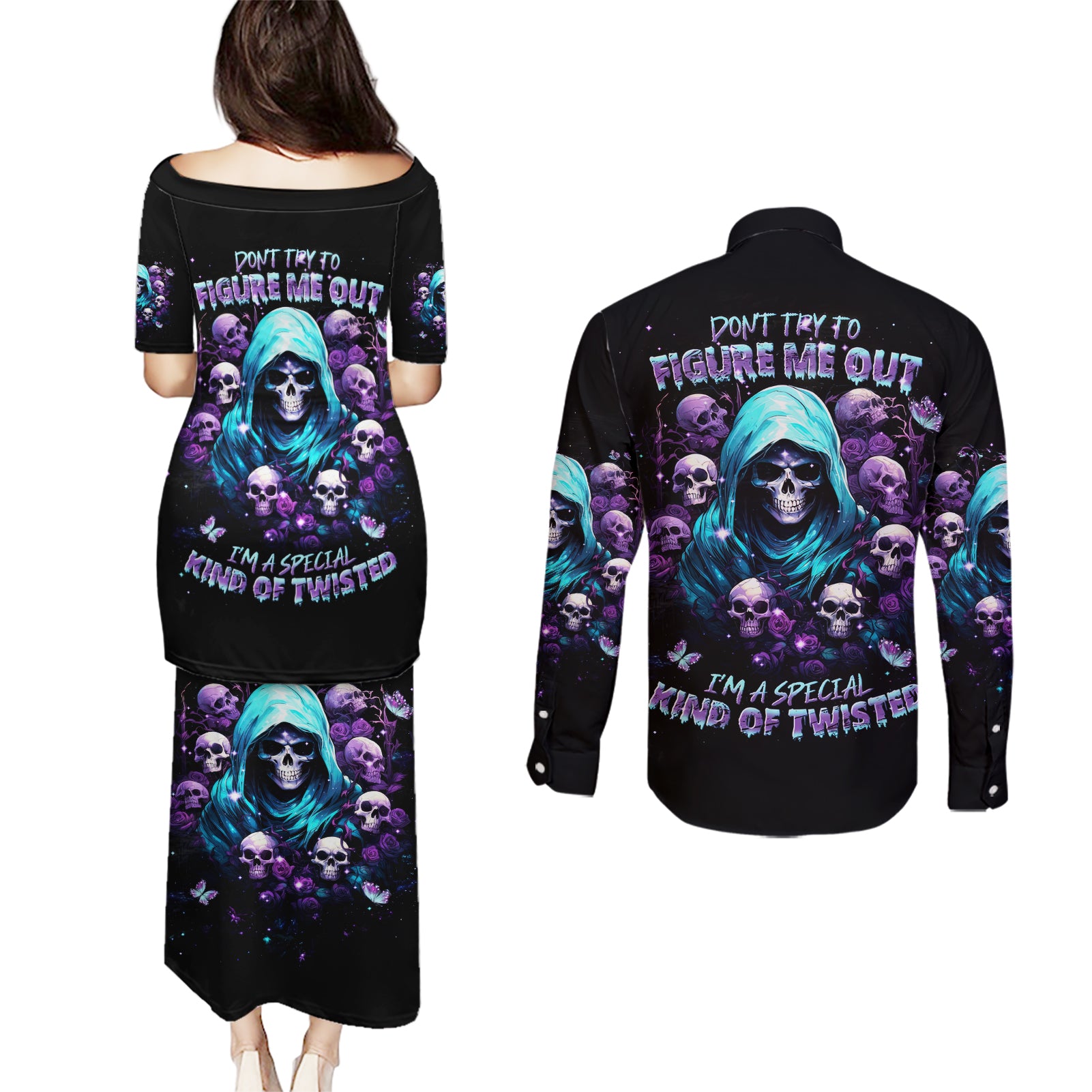 Reaper Skull Couples Matching Puletasi and Long Sleeve Button Shirt Don't Try To Figure Me Out - Wonder Print Shop