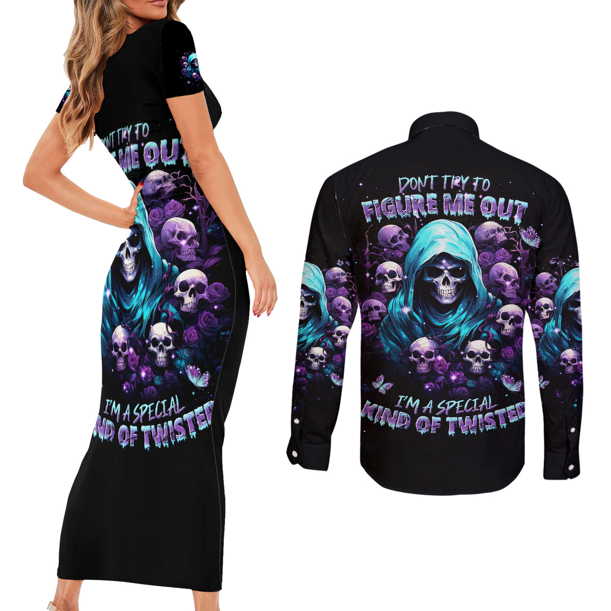 Reaper Skull Couples Matching Short Sleeve Bodycon Dress and Long Sleeve Button Shirt Don't Try To Figure Me Out - Wonder Print Shop