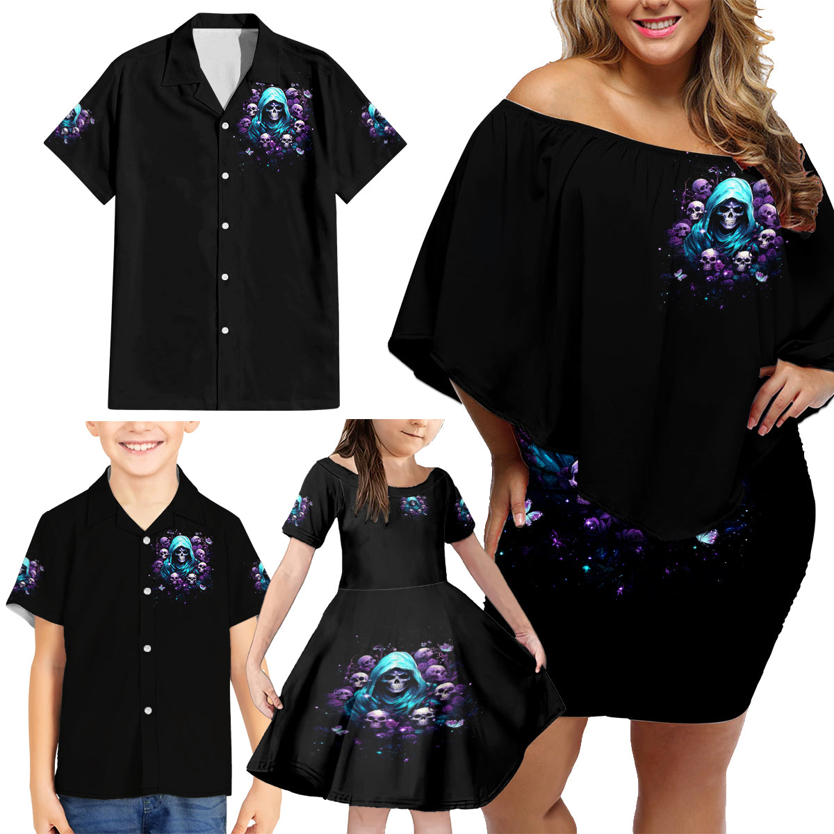 Reaper Skull Family Matching Off Shoulder Short Dress and Hawaiian Shirt Don't Try To Figure Me Out - Wonder Print Shop