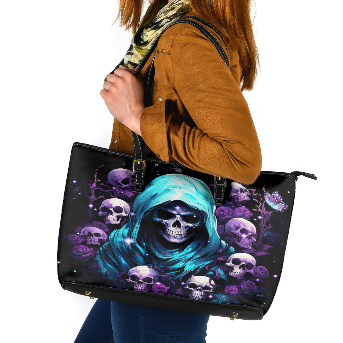 Reaper Skull Leather Tote Bag Don't Try To Figure Me Out - Wonder Print Shop