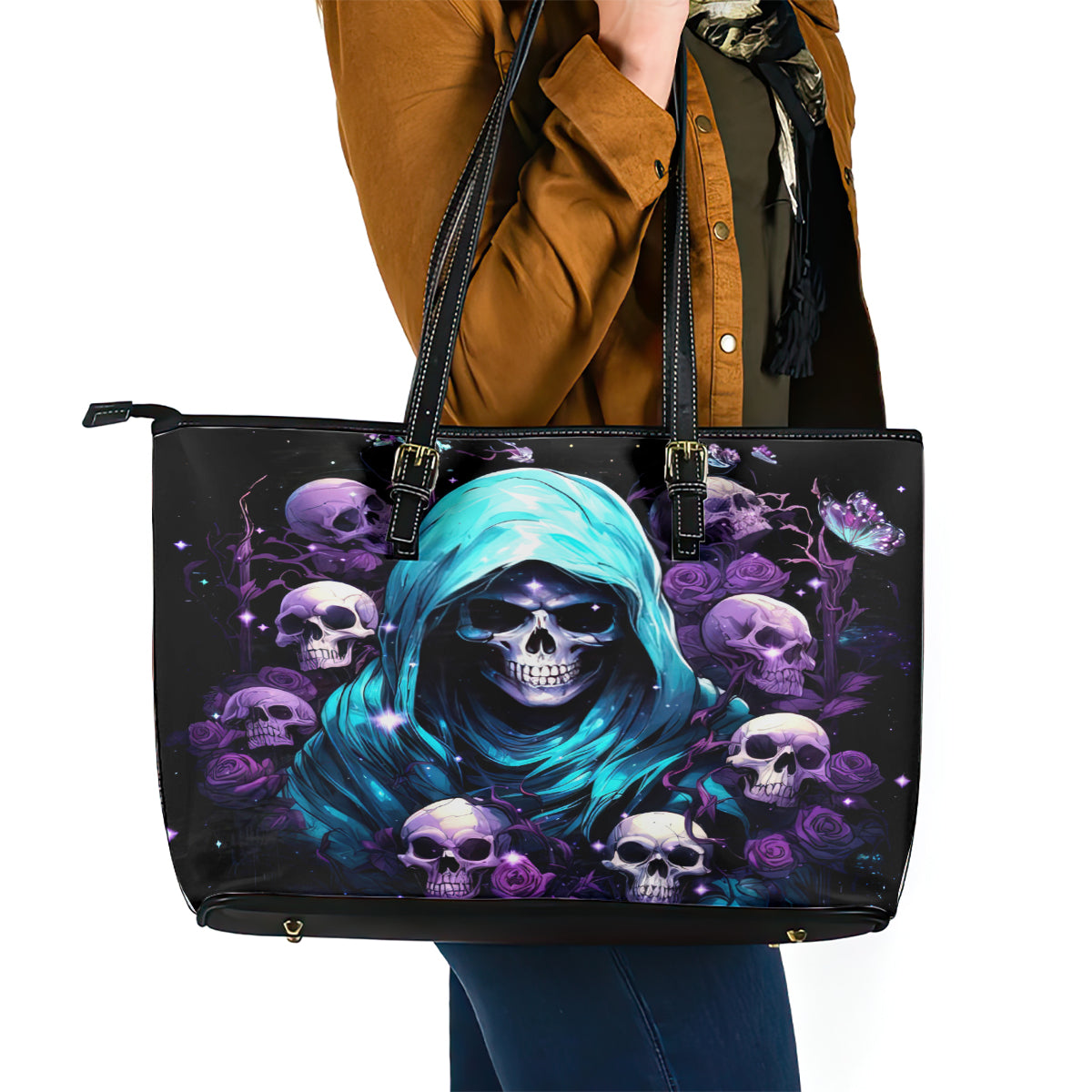 Reaper Skull Leather Tote Bag Don't Try To Figure Me Out - Wonder Print Shop