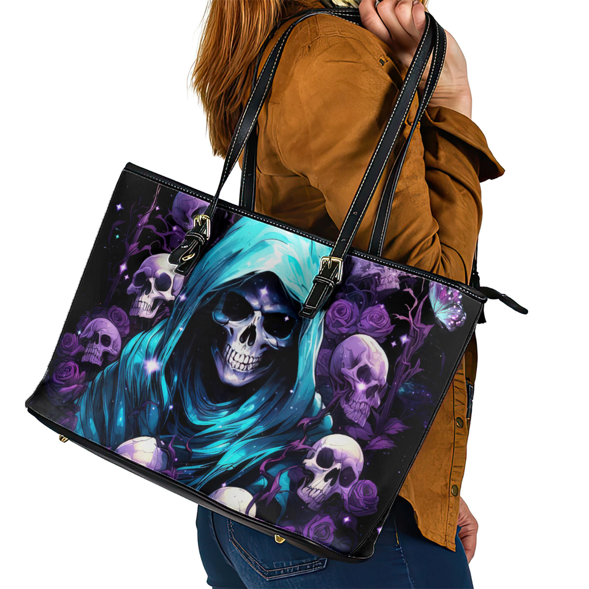 Reaper Skull Leather Tote Bag Don't Try To Figure Me Out - Wonder Print Shop