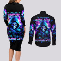 Rose Skull Couples Matching Long Sleeve Bodycon Dress and Long Sleeve Button Shirt If My Mouth Doesn't Say It - Wonder Print Shop