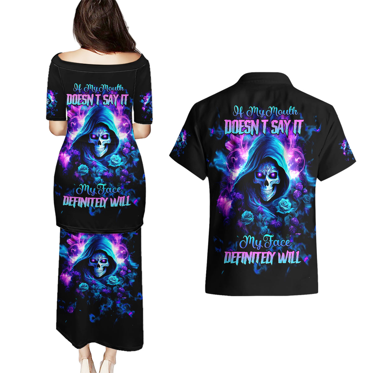 Rose Skull Couples Matching Puletasi and Hawaiian Shirt If My Mouth Doesn't Say It - Wonder Print Shop