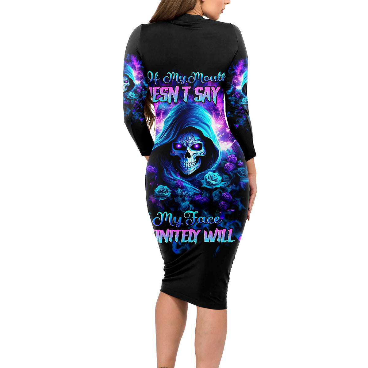 Rose Skull Long Sleeve Bodycon Dress If My Mouth Doesn't Say It - Wonder Print Shop