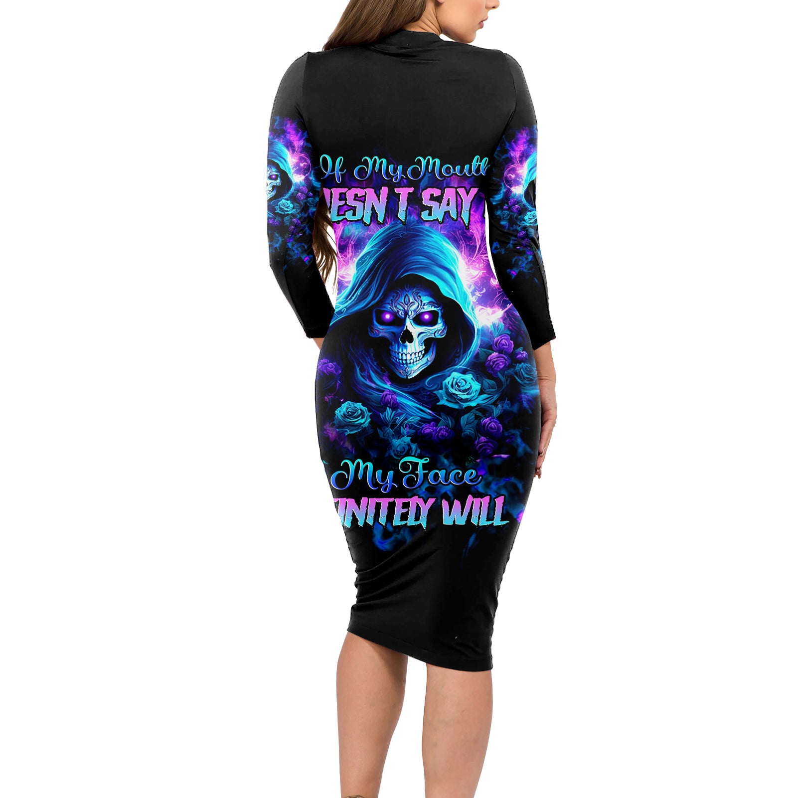 Rose Skull Long Sleeve Bodycon Dress If My Mouth Doesn't Say It - Wonder Print Shop