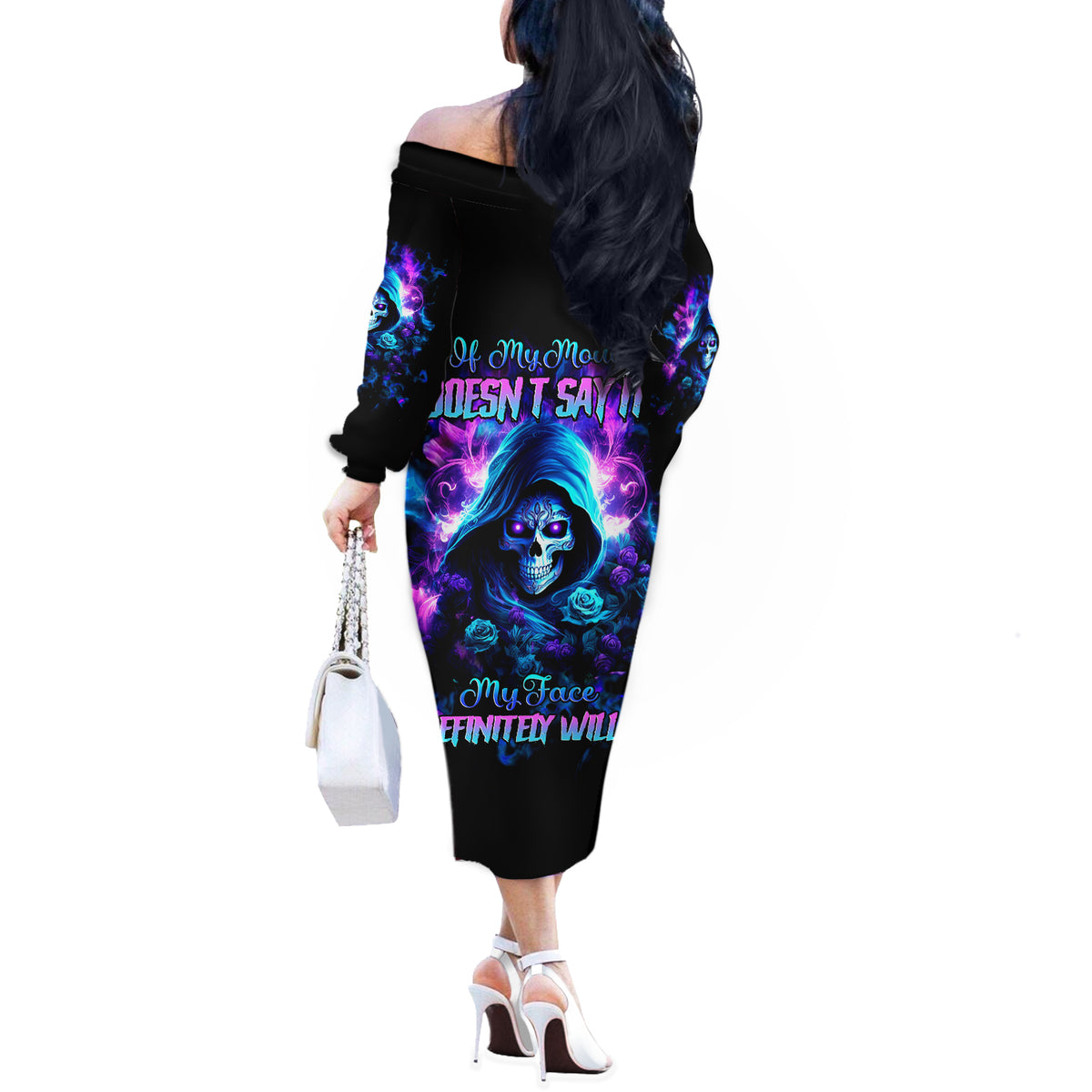 Rose Skull Off The Shoulder Long Sleeve Dress If My Mouth Doesn't Say It - Wonder Print Shop