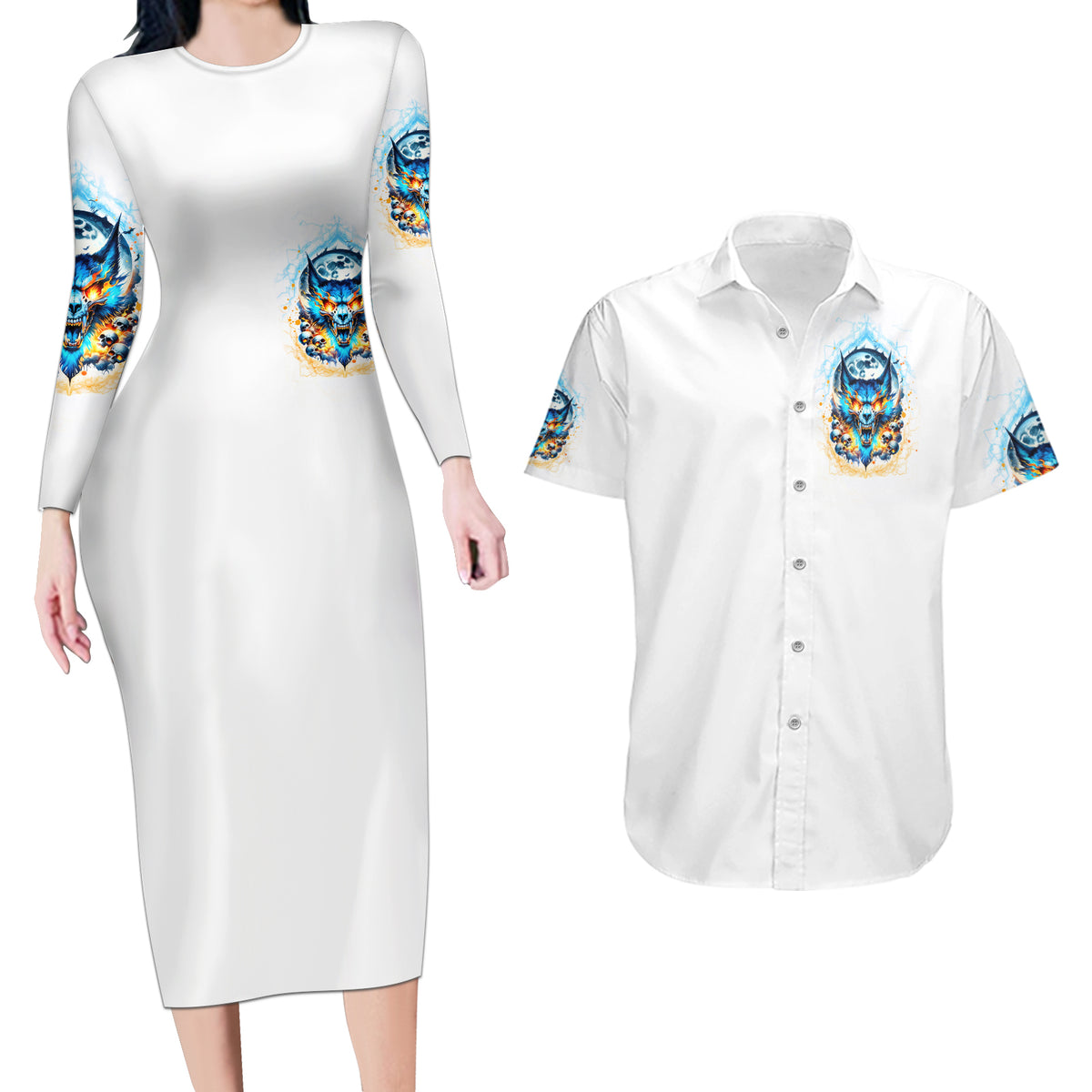 Wolf Skull Couples Matching Long Sleeve Bodycon Dress and Hawaiian Shirt You First Mistake Was Thinking I Was One Of The Sheep - Wonder Print Shop