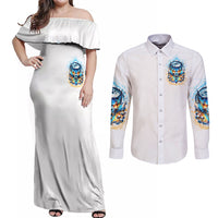 Wolf Skull Couples Matching Off Shoulder Maxi Dress and Long Sleeve Button Shirt You First Mistake Was Thinking I Was One Of The Sheep - Wonder Print Shop
